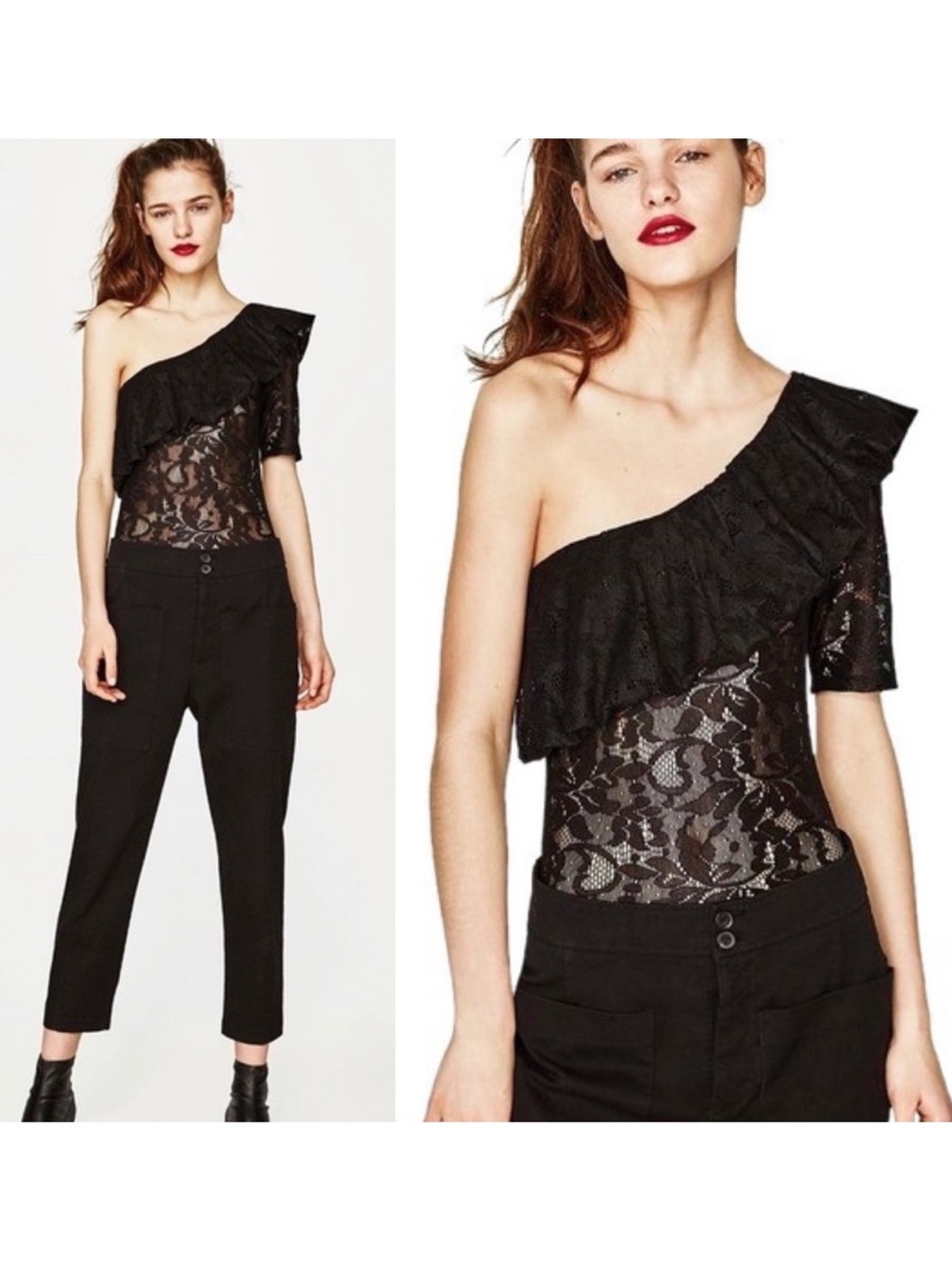 NWT Zara Black Floral Lace Ruffle One-Shoulder Bodysuit - Small - Romantic Goth